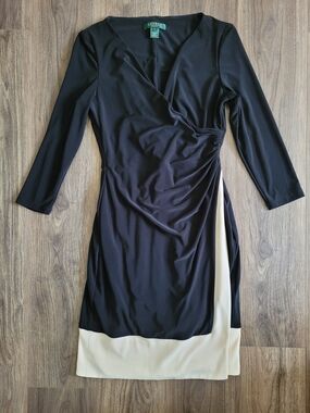 Lauren Ralph Lauren Black & Cream Wrap-Style Dress Eligant• Professional